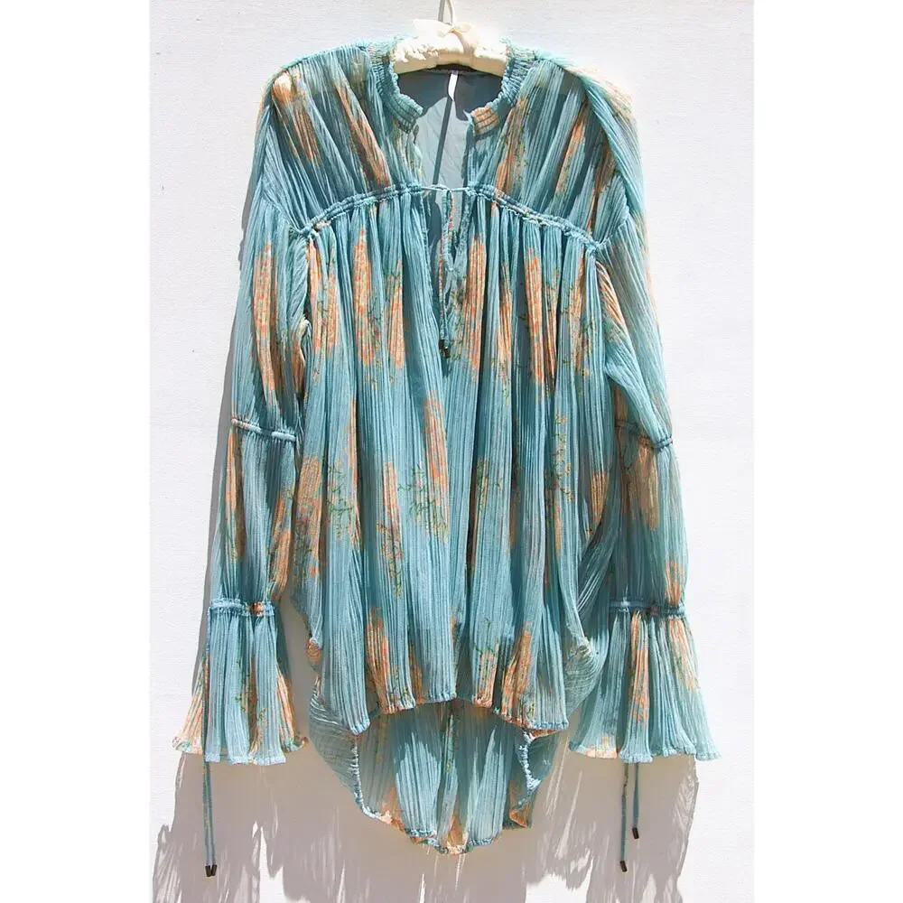 Free People Dahlia Tunic Dress Top – Blue Sheer Floral – Long Sleeve – Women’s M
